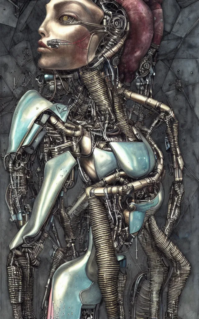 Prompt: futurist cyborg maiden, perfect future, award winning art by santiago caruso, iridescent color palette