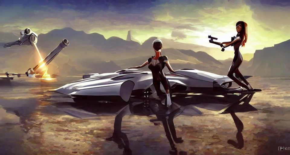 Image similar to a decadent futuristic sportscar designed by pinifarina and a female robot holding a bazooka at a lake in ancient greece, hdr, hyperrealistic, photorealistic, bokeh, volumetric lighting, sunrise background, production i. g. studios syd mead style