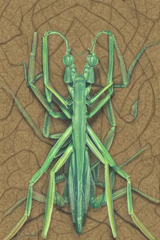 Image similar to praying mantis, paper texture, by pandora sellars