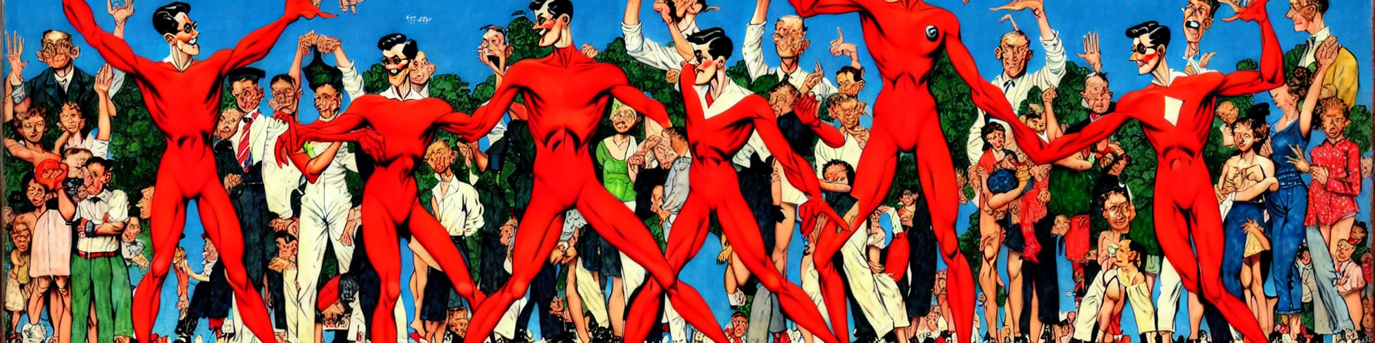 Image similar to plasticman showing off his weird limbs illustrated by norman rockwell with very long hands and arms and fingers and legs and feet twirling and twisting around at a very sunny park in a very crowded city with people looking surprised and stunned, funny, silly