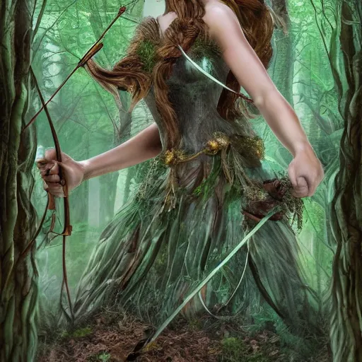 Image similar to fairy tale; forest; goddess of the hunt portrait; Ferdinand Khab; deep woods; warrior woman; archery, Art of Illusion, Artrift, finalRender, Flickr, IMAX, Polycount, r/Art, shadow depth, Sketchfab, Sketchlab, Substance Designer, VRay; trending on r/deepdream; AppGameKit, recursive ray tracing; volumetric lighting; ambient occlusion, Hyper detailed digital matte painting, concept art, hyperrealism, Cinema 4D, 8k resolution, 64 megapixels, bokeh, CGSociety, ZBrush Central, behance HD, hypermaximalist, a masterpiece, 4K, Ukiyo-e, film noir, neon, beautiful, deep colors, bright, amazing, gorgeous, wonderful, great, marvelous, fantastic, magnificent, excellent, fabulous, lovely, astonishing, outstanding, splendid, glorious, mist, by Gustav Klimt and Gustave Doré,