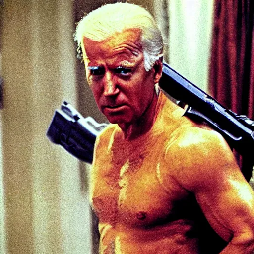 Prompt: clear photograph of joe biden as rambo, movie scene, photorealistic, highly detailed, action packed