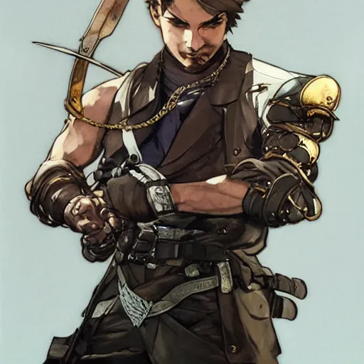 Image similar to portrait of a hero holding his sword in front of his face by yoji shinkawa, high quality, extra details, realism, ornate, colored, golden chain, blood, white skin, short hair, brown eyes, vivid, sunlight, dynamic, american man, freedom