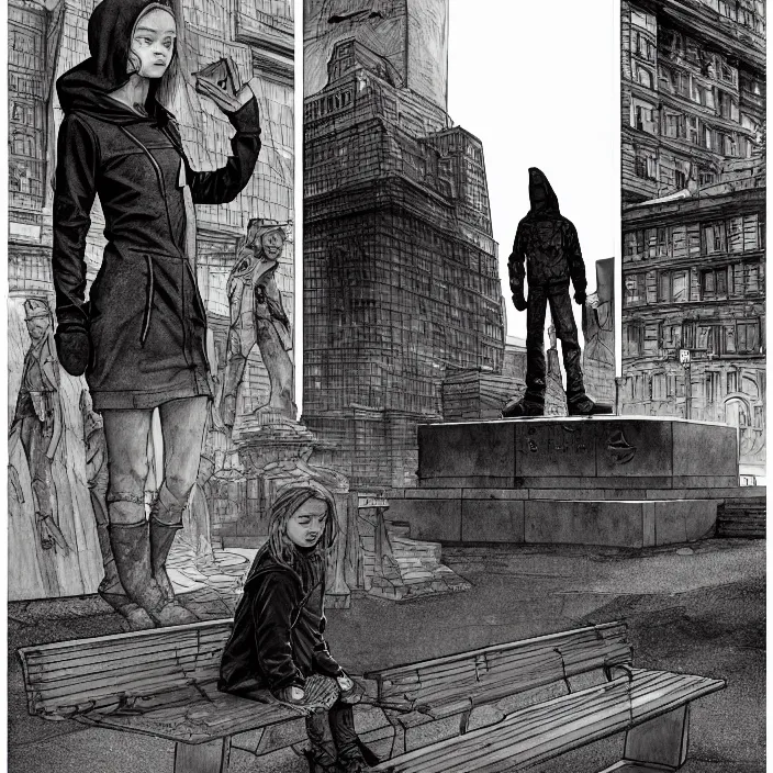 Prompt: storyboard : sadie sink in hoodie sat down on bench in ruined square, pedestrians walk by, soviet monument and propaganda posters. scifi cyberpunk. by gabriel hardman. cinematic atmosphere, detailed and intricate, perfect anatomy
