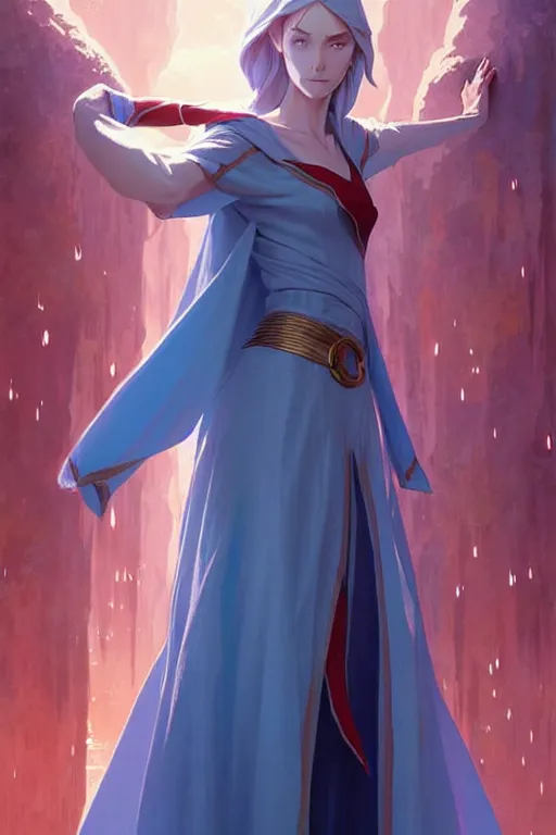 Image similar to elf female sorcerer doing water magic spells, blue robes, red hair, finely detailed perfect face, exquisite details, mid view, design on a white background, by studio muti, greg rutkowski makoto shinkai takashi takeuchi studio ghibli