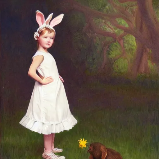 Prompt: A cute young girl with white ruffled dress and bunny ears standing straight by Claire Keane, Marc Davis, James Baxter and Mark Henn, hyperdetailed, photorealistic