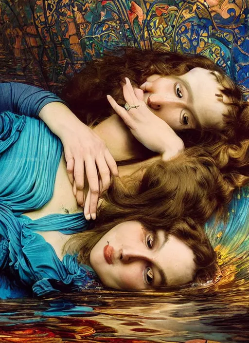 Image similar to detailed colourful masterpiece of art nouveau photography by anne leibovitz couple portrait sat down extreme closeup, love, inside an underwater train, detailed realistic expressions, wearing unusual clothes, by william powell frith frederic leighton and john william waterhouse, ultra wide angle