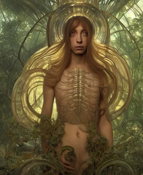 Image similar to intricate opulent transparent clear see - through portrait of a horrific beautiful male human isopod nautilus, mottled coloring, adorable, childlike, overgrown biopunk jungle environment, ultra realistic, concept art, art nouveau, photorealistic, octane render, 8 k, unreal engine. art by christopher marley and artgerm and greg rutkowski and alphonse mucha