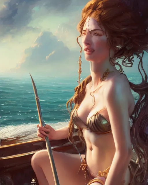 Prompt: A beautiful female maid posing on a boat with a magical bikini, beautiful face, fantasy woman, fantasy art, in the style of greg rutkowski, illustration, epic, fantasy, intricate, hyper detailed, artstation, concept art, smooth, sharp focus, ray tracing, profile shot