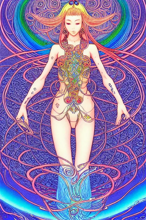 Image similar to illustration of a female elf goddess, prismatic healing waves emanate all around in a healing spring, rainbows, intricate linework, in the style of moebius, ayami kojima, 1 9 9 0's anime, retro fantasy