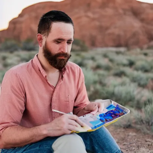 Image similar to portrait of a man wearing cameo, he ‘ s sitting in the desert eating some delicious crayons, beautiful composition, 5 0 mm f 1. 8, ambient light