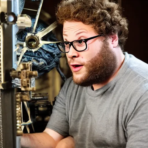 Image similar to animatronic Seth Rogen, exposed mechanics, photo, Stan Winston studios, detailed, 4k