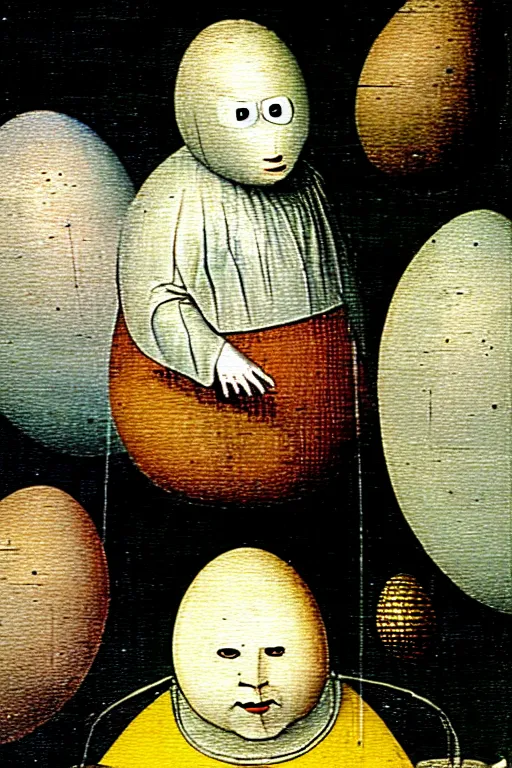 Image similar to hieronymus bosch painting of egg shaped humpty dumpty