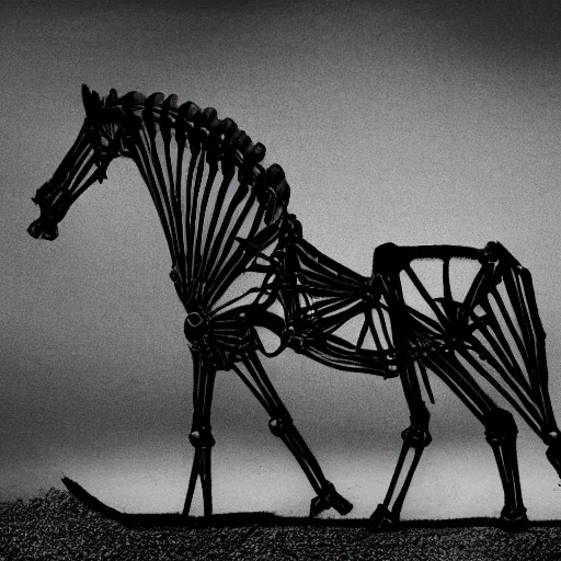 Image similar to a dark skeleton horse, fully skeletal horse, death