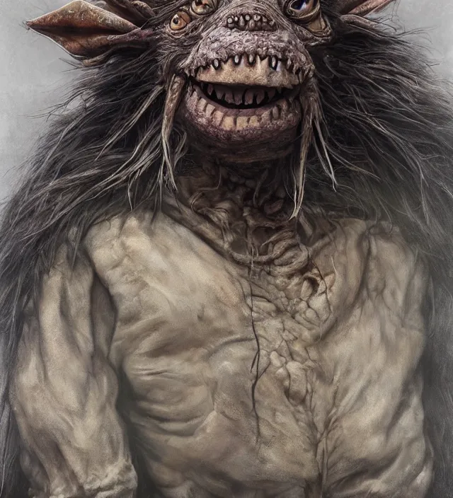 Image similar to hyper realistic portrait of postapocalyptic muppet monster goblin, cinematic, symmetric, dark crystal, artstation, cgsociety, alan lee, brian froud, jean baptiste monge, scott radke