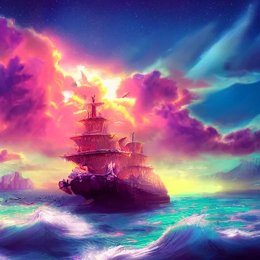 Prompt: majestical ship with a dragon flying above, beautiful composition, wide angle, colorful, cinematic, volumetric lighting, intricate details painting