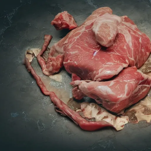 Image similar to an 8 k uhd digital photo of a zombie with crumpled on the bathroom floor showing meat over a pile of meat and tendon