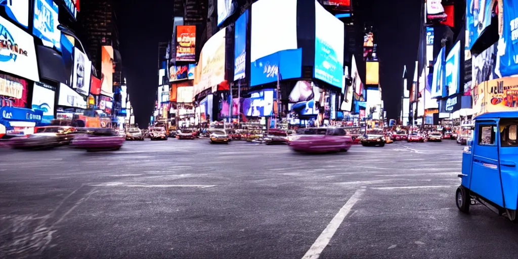 Prompt: a blue and white tuk tuk in Times Square at night, very hazy, cloudy, diffused lighting, moody, dark purple tones, shallow depth of field, 4k