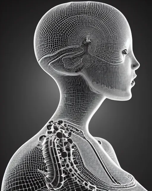 Image similar to mythical dreamy black and white organic translucent bio-mechanical spinal ribbed profile face portrait detail of mechanical beautiful female angelic-human-doll-cyborg, highly detailed, intricate crystal jelly steampunk ornate, poetic, 3D render, digital art, octane render, 8K artistic photography, photo-realistic, by Dora Maar