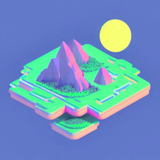 Image similar to isometric floating island on neon background, isometric invironment, 3d art, isometric art, high detail, artstation, concept art, behance, ray tracing, smooth, sharp focus, ethereal lighting