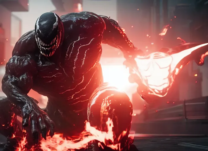 Image similar to venom fused with doomslayer, ultra realistic 4 k unreal engine very cinematic render with ray tracing bloom ambient occlusion strong reflections depth of field fog