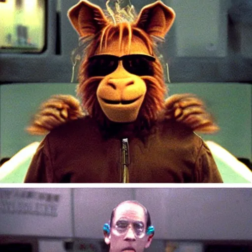 Image similar to alf in the matrix, film still