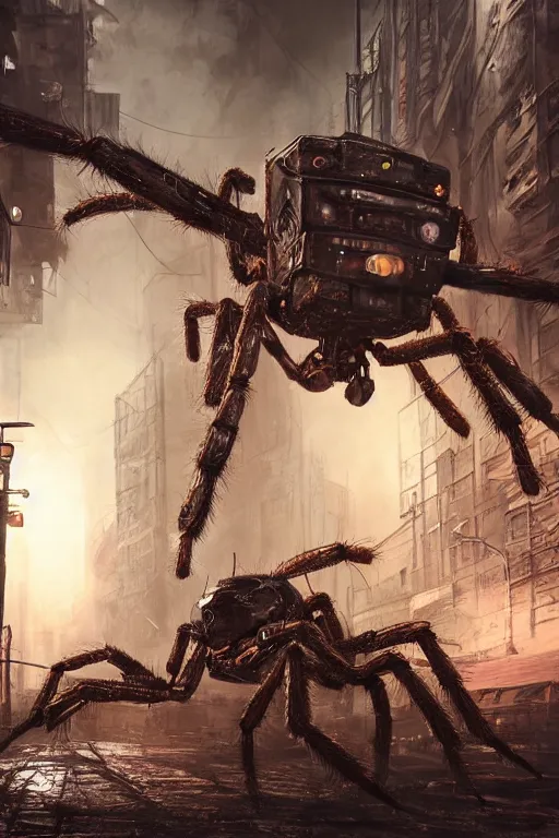 Image similar to ultra realist and ultra intricate detailed soft painting of a large robot spider, standing in a post-apocalyptic street, sensual gloomy style, volumetric clouds, artstation, unreal render, depth of field