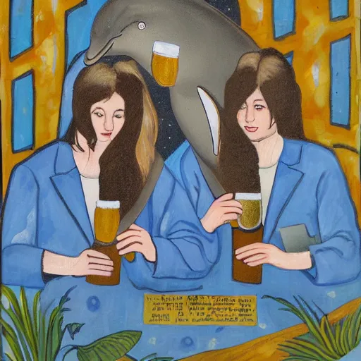 Prompt: dolphin astronomers drinking beer, old painting