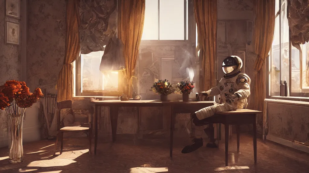 Image similar to a cosmonaut in a spacesuit sits at an old wooden desk with a flower vase, in a richly decorated Victorian house. the autumn light comes in through a window and dimly illuminates the room, diffuse light, octane render