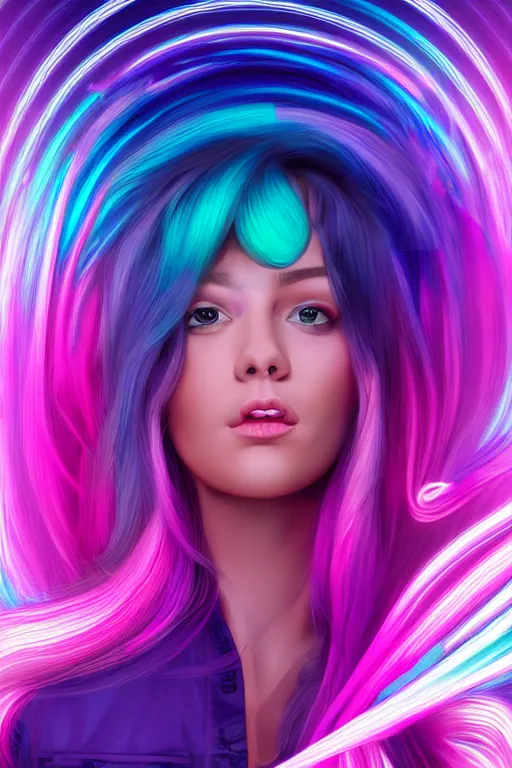 Image similar to a award winning half body portrait of a beautiful woman in a croptop and cargo pants with ombre purple pink teal hairstyle surrounded by whirling illuminated lines, outrun, vaporware, shaded flat illustration, digital art, trending on artstation, highly detailed, fine detail, intricate