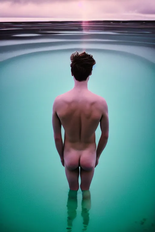 Prompt: high quality pastel coloured film mid angle docu photograph of a beautiful young 2 0 year old male, soft features, short black hair, swimming, jumping in an icelandic black rock pool environment. atmospheric. three point light. photographic. art directed. ( pastel colours ). volumetric light. clearcoat. waves glitch. 8 k. filmic.