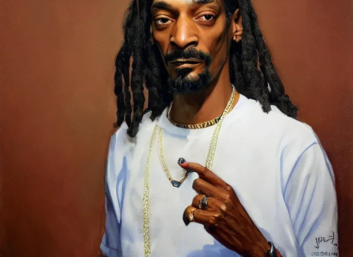 Prompt: a highly detailed beautiful portrait of snoop dogg, by gregory manchess, james gurney, james jean