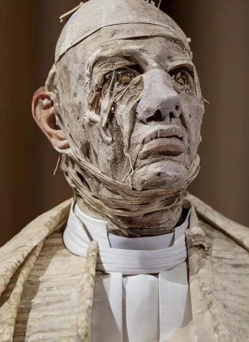 Prompt: mummified pope in his throne at the vatican, desiccated, close - up portrait, mitre, hyper realistic, sharp focus, highly detailed