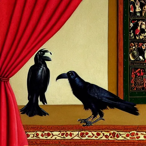 Image similar to a highly detailed painting of a raven, dressed in elegant tudor clothes, inside a room with thick red tapestries, by hans holbein