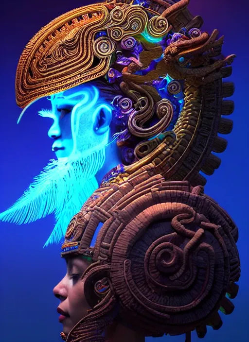 Image similar to 3 d mayan goddess profile portrait. beautiful intricate highly detailed quetzalcoatl helmet and feathers. low - key lighting, bioluminescent, plasma, lava, ice, water, wind, creature, thunderstorm! artwork by tooth wu and wlop and beeple and greg rutkowski, 8 k trending on artstation,