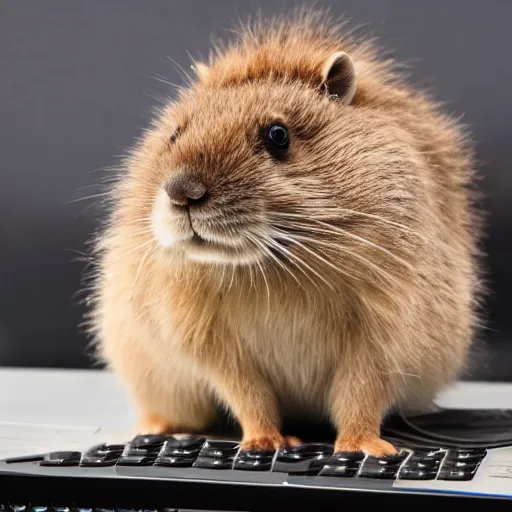 Prompt: fluffy gopher sitting on old computer keyboard,