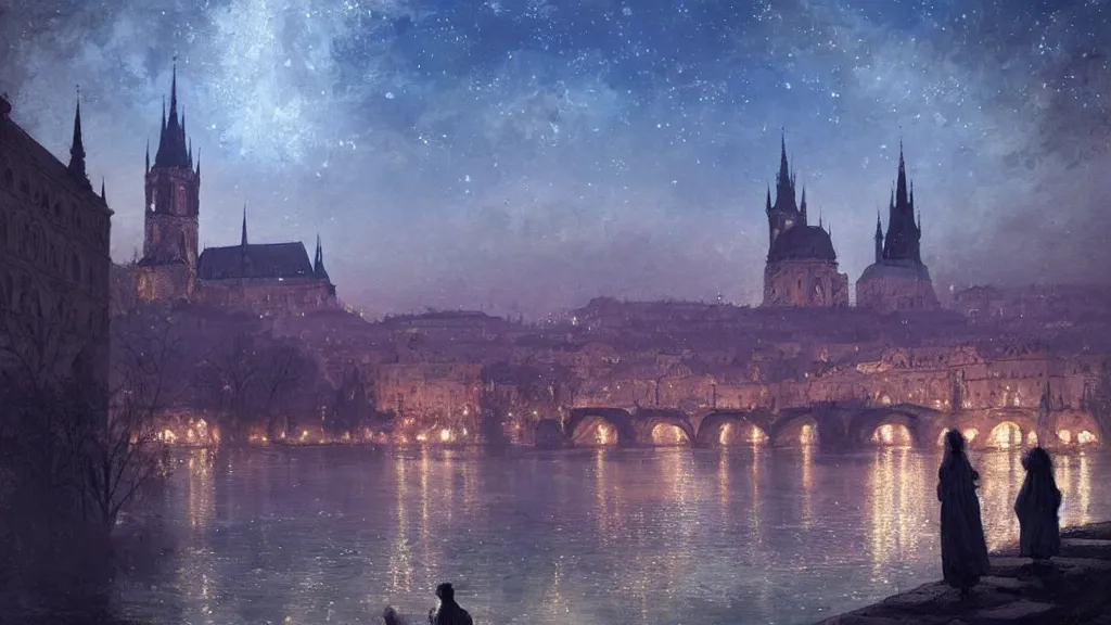 Image similar to a beautiful painting of a view from the river of a arabian prague cathedral palaces, at night with a sky full of stars, intricate, elegant, highly detailed, digital painting, artstation, concept art, by krenz cushart and artem demura and john williams waterhouse