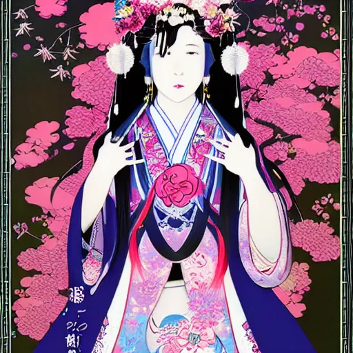 Prompt: portrait of the japanese moon princess kaguya hime with long flowing black hair wearing an ornate pink kimono with intricate floral patterns, touhou character illustration by ross tran, bo chen, toni infante, rebecca oborn, michael whelan, trending on artstation cgsociety hq