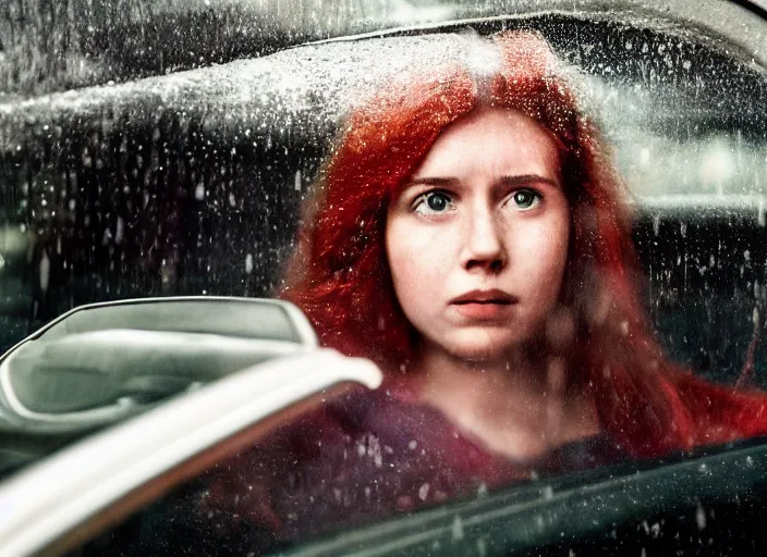 Image similar to A very high resolution image from a new movie, inside of a car, teen red hair woman, raining, hot, directed by wes anderson