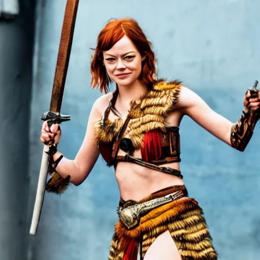 Prompt: full photo of emma stone as an amazon warrior with weapons