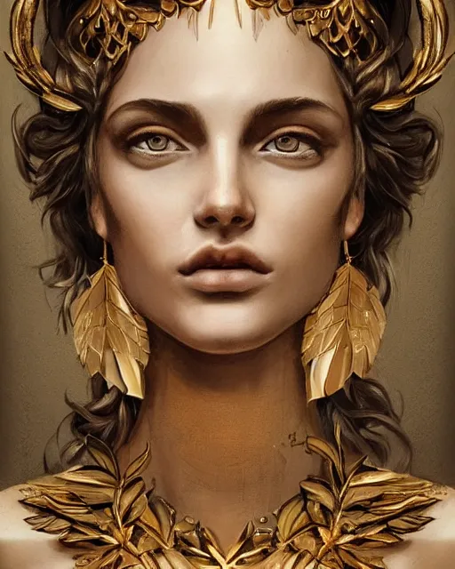 Image similar to front view of beautiful super model aphrodite greek goddess wearing a gold laurel wreath and triangle earrings, realism tattoo sketch, beautiful piercing eyes with sharp pupils, beautiful blonde hair, in the style of greg rutkowski, fantasy, amazing detail, epic, elegant, smooth, sharp focus