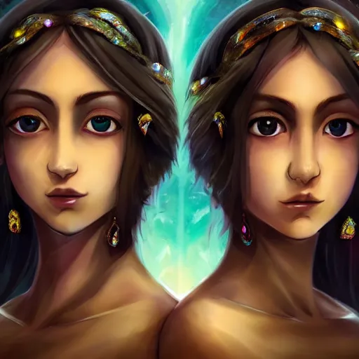 Prompt: two goddesses, third eyes middle of foreheads, long necks, very wide wide shot, very hairy bodies, beautiful colors, eyes in forehead, beautiful lighting, very detailed, eyes reflecting into eyes reflecting into infinity