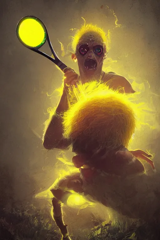 Image similar to portrait of tennis ball monster wielding a tennis racket, visible aura of madness distorting the surroundings, occult details, greg rutkowski style, high quality, 8 k,