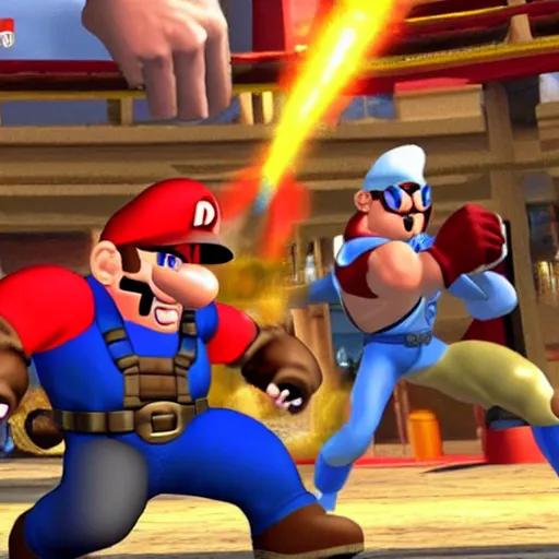 Prompt: Duke Nukem fighting Mario in the video game Super Smash Brothers