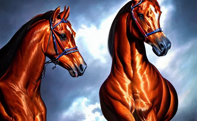 Image similar to a resplendant impressive portrait of a noble horse rearing up. fantasy art, alex ross, heroic lighting, very very very beautiful raytraced rendering