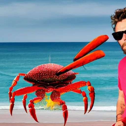 Prompt: jovanotti fighting a giant flaming enemy crab on a beach