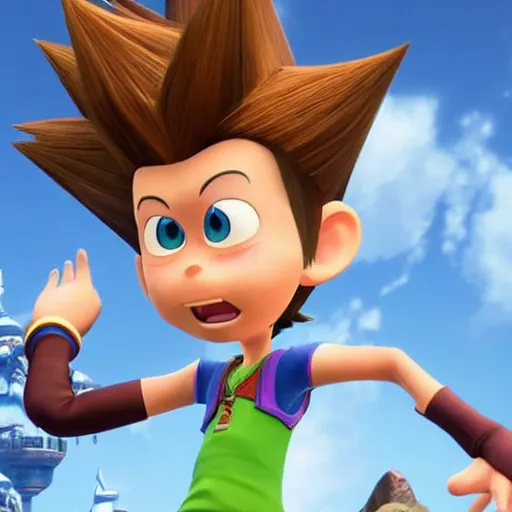 Prompt: Jimmy Neutron from Nickelodeon as an NPC character in the video game Kingdom Hearts, Jimmy neutron Boy Genius, Sora is in the camera, Crossover with Nick and Square Enix, UHD 4k, RTX On, Arnold Render, Unreal Engine 4, Award winning visuals, Godrays, beautiful detailed intricate insanely detailed octane render, Playstation 5 graphics