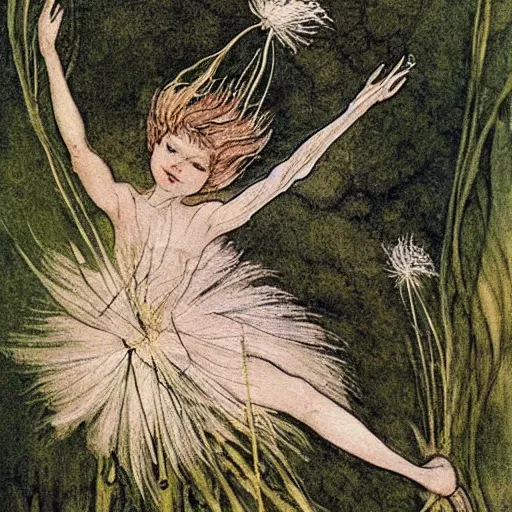 Image similar to a beautiful fairytale painting of a dandelion seed that is also a fairy. the dandelion seed is the body of the fairy. beautiful clear painting by arthur rackham