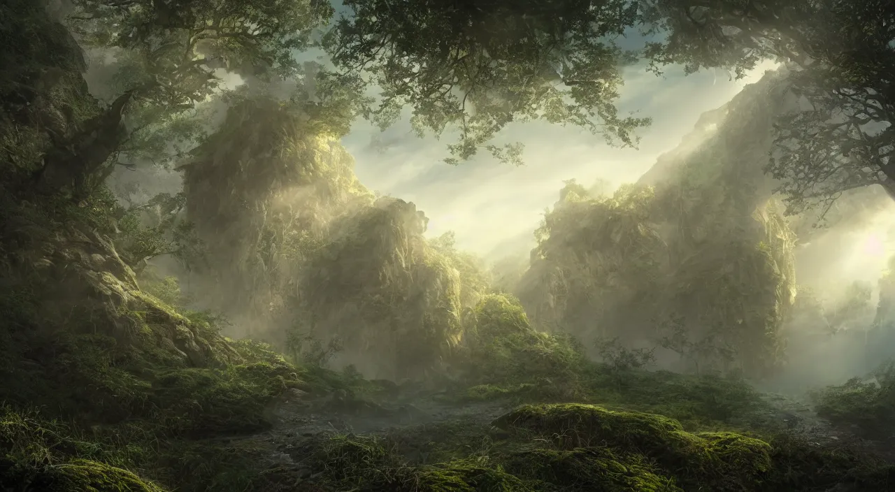 Image similar to photorealistic matte painting misty overgrowth undergrowth mr burns jagged rock features volumetric fog light rays high contrast dawn