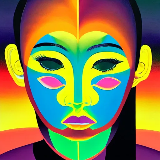 Image similar to a black woman with yellow eyes and a dark rainbow background, gouache painting by tomokazu matsuyama, by ed paschke, by agnes pelton, by patrick nagel, behance contest winner, generative art, irridescent, holography, neon, dark art, retrowave, grain, black background